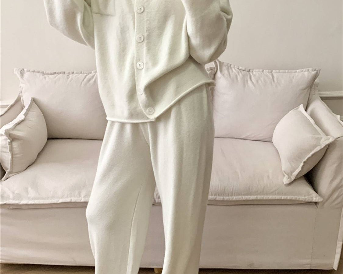 NEWYORKLISTED STYLE COLLECTION: Pocketed Round Neck Button Up Cardigan and Pants Sweater Set - NEWYORKLISTED