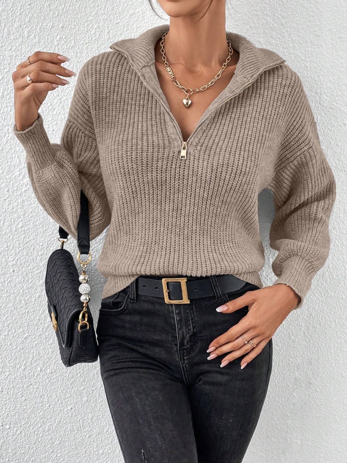 Honey Half Zip Dropped Shoulder Sweater - NEWYORKLISTED