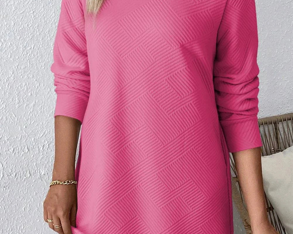Textured Round Neck Long Sleeve Mini Dress - NEWYORKLISTED