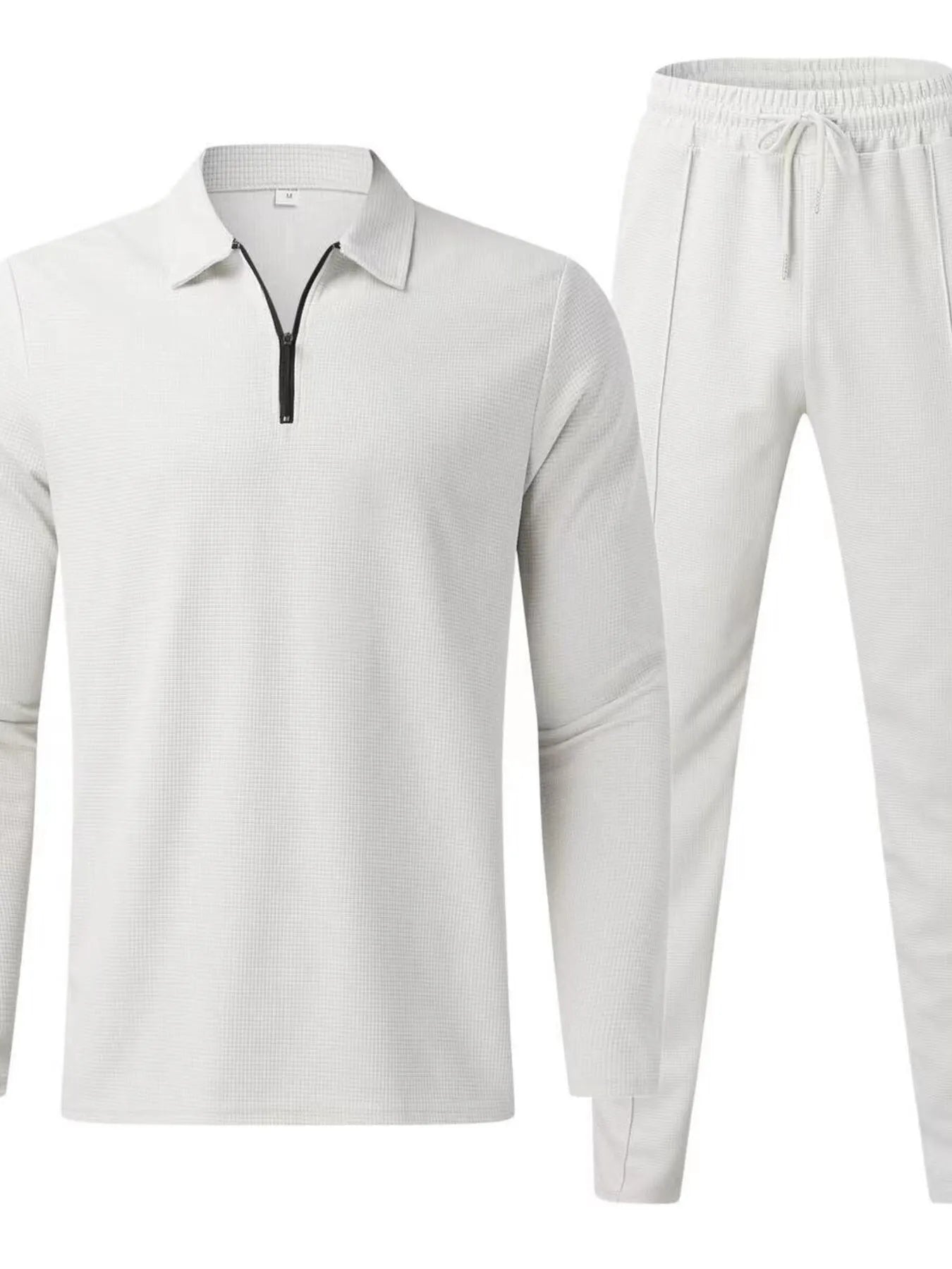NEWYORKLISTED ATLAS MEN'S COLLECTION: White long-sleeve shirt and pants set on a white background