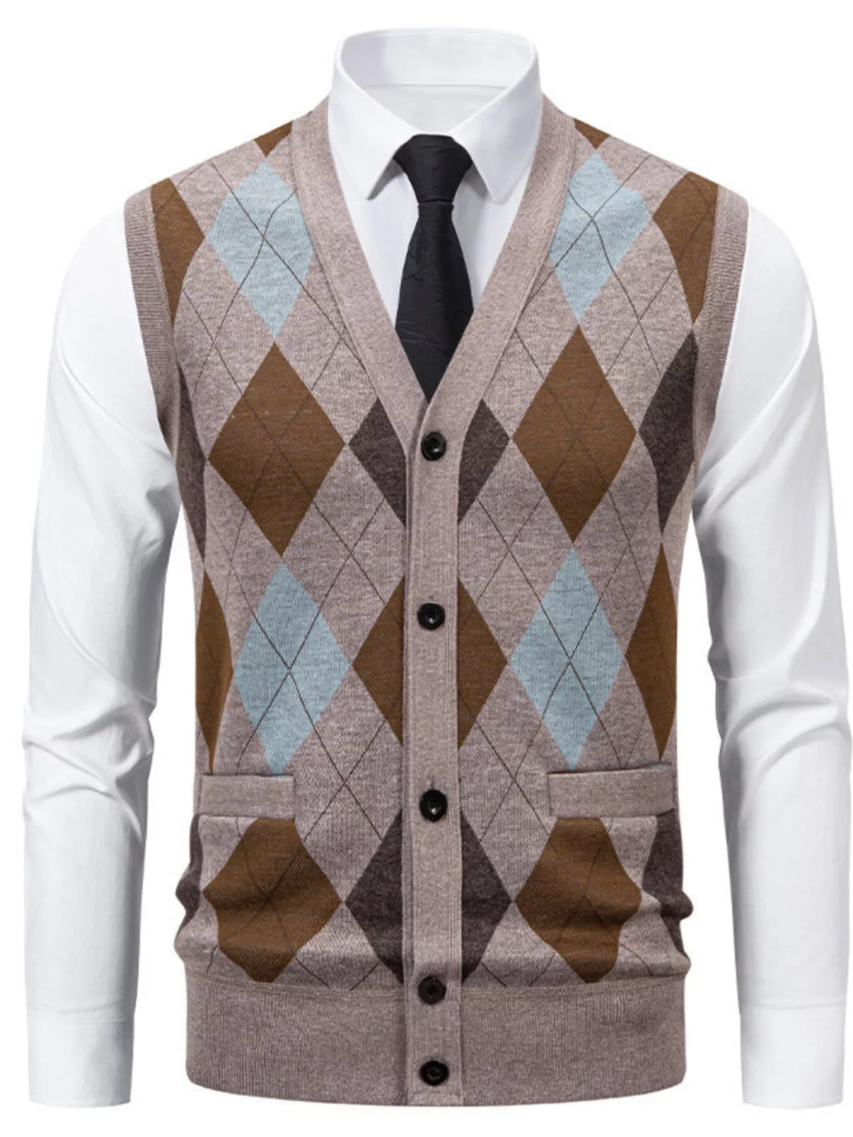 NEWYORKLISTED ATLAS MEN'S COLLECTION – Men's argyle V-neck button-down cardigan vest, product image 2