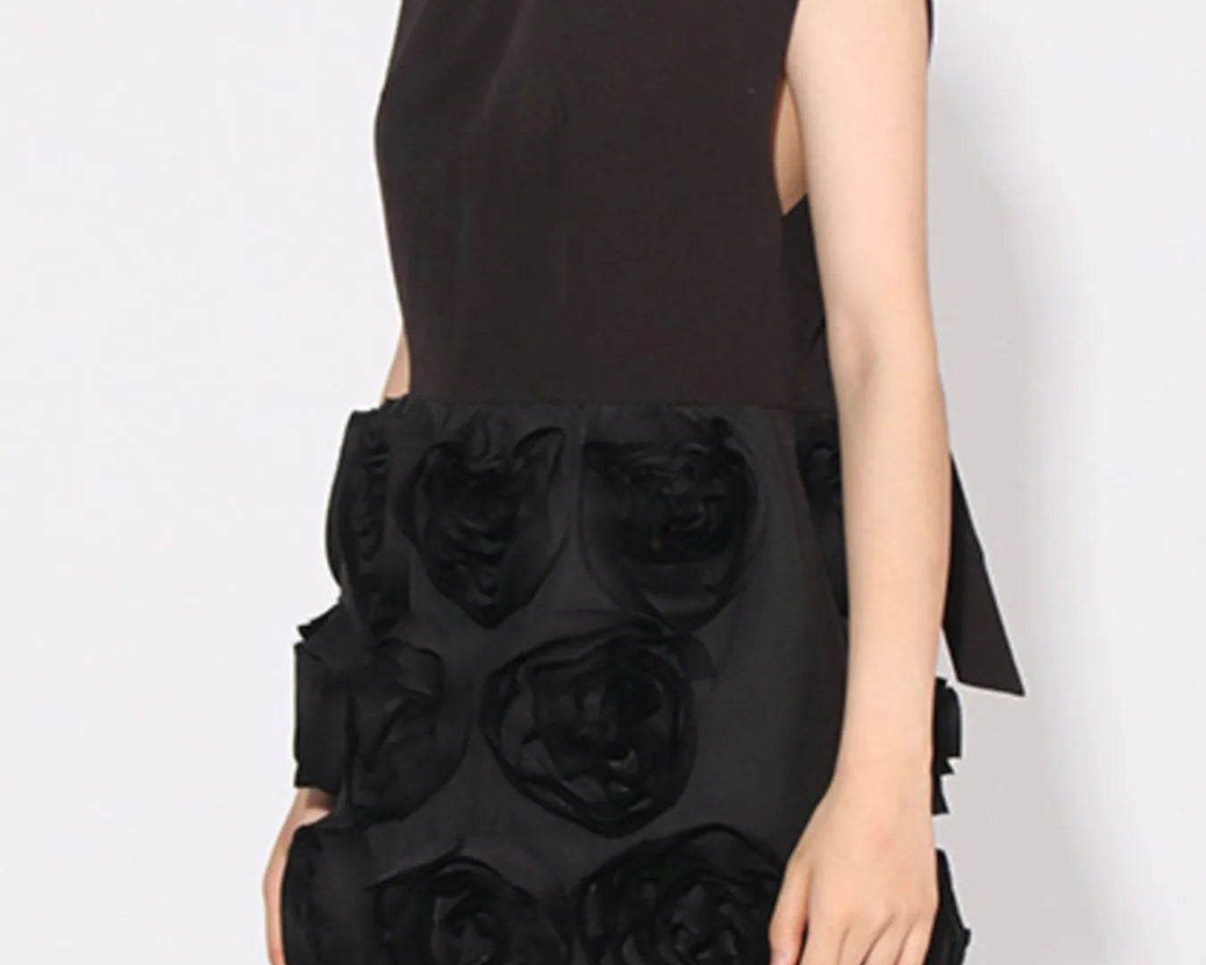 NEWYORKLISTED RUNWAY STYLE: Black sleeveless dress with floral details on a white background