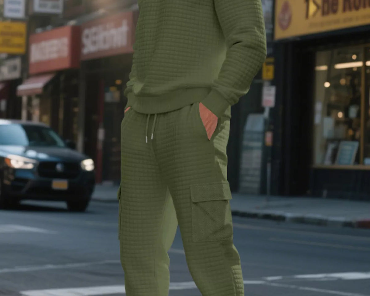 NEWYORKLISTED ATLAS MEN'S COLLECTION: A man wearing a matching olive green textured knit sweatshirt and jogger pants set, standing on a city street with storefronts and a car in the background.