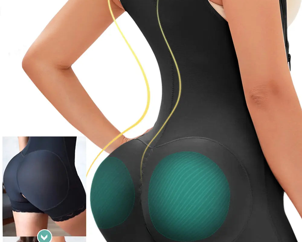 NEWYORKLISTED Intimate Apparel: Black shapewear with teal accent on a model, inset showing side view.