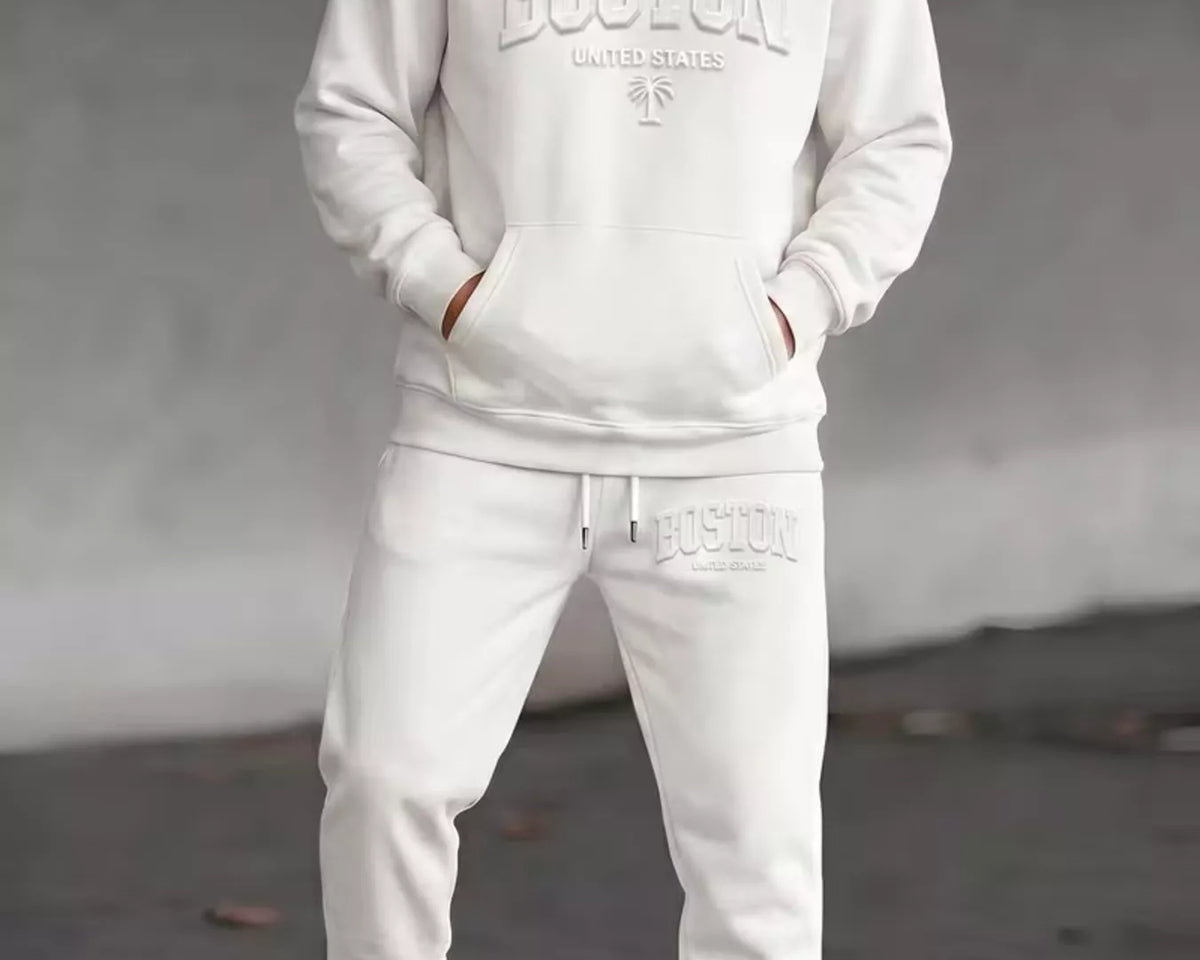 NEWYORKLISTED ATLAS MEN'S COLLECTION: Men's hoodie and matching jogger pants set, model view