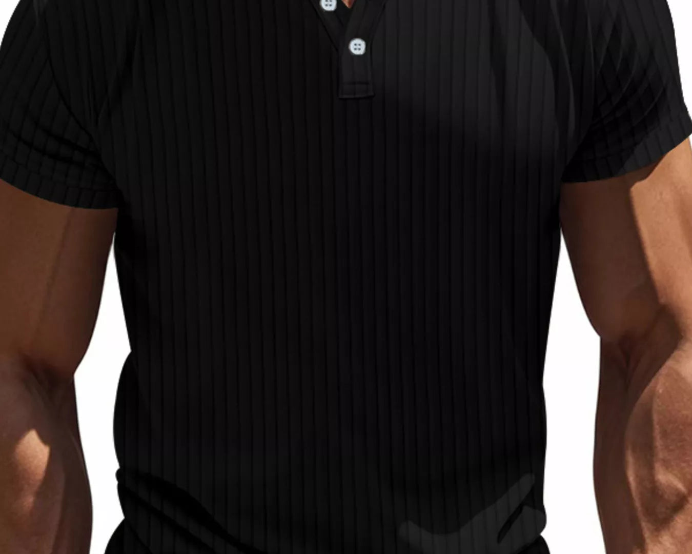 NEWYORKLISTED ATLAS MEN'S COLLECTION: Man wearing a black short-sleeve henley shirt on a white background
