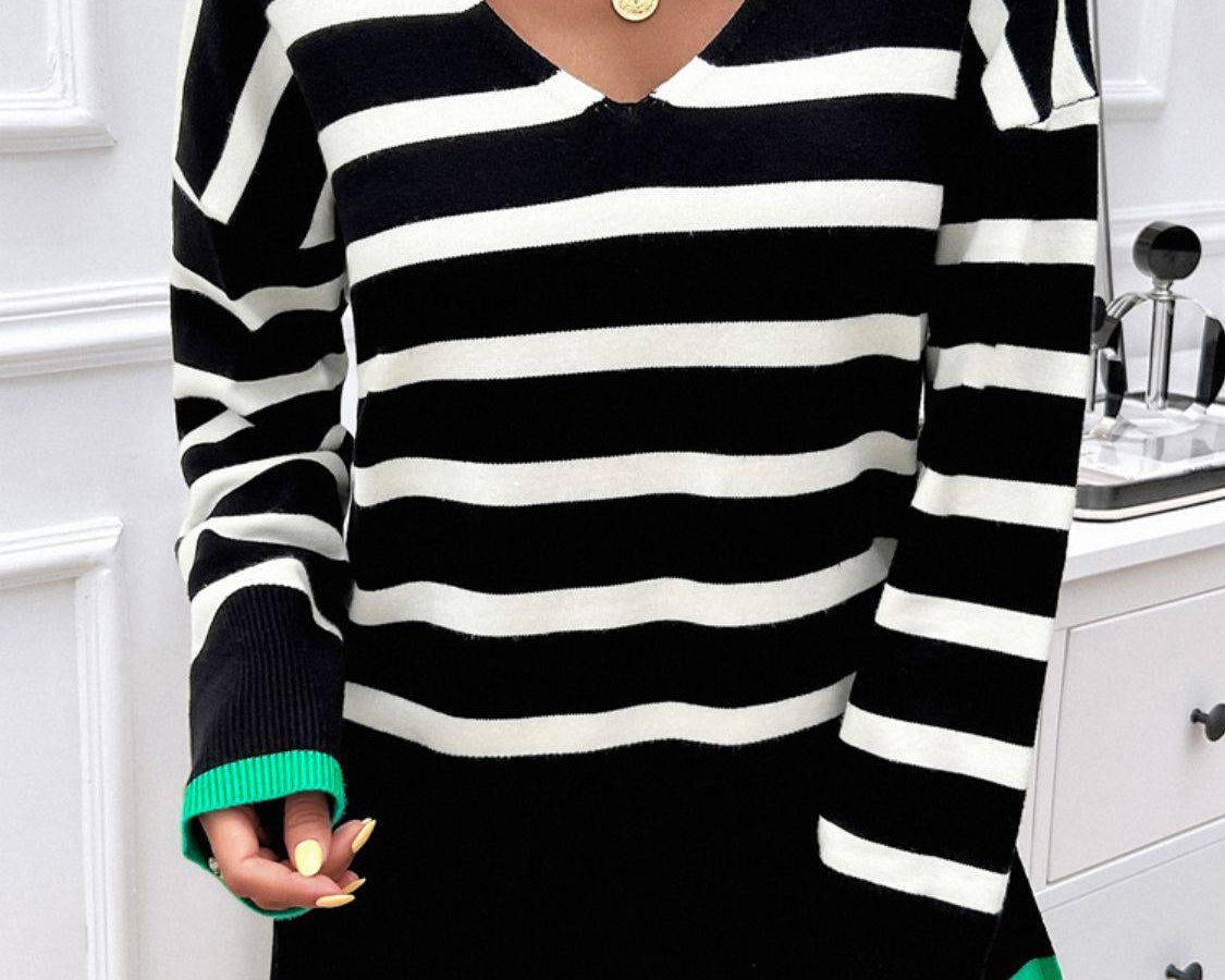 NYLD Striped V-Neck Long Sleeve Knit Top - NEWYORKLISTED