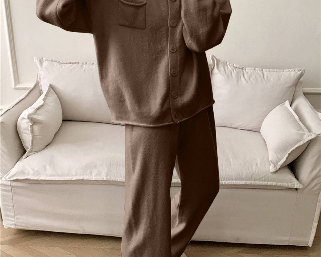 NEWYORKLISTED STYLE COLLECTION: Pocketed Round Neck Button Up Cardigan and Pants Sweater Set - NEWYORKLISTED