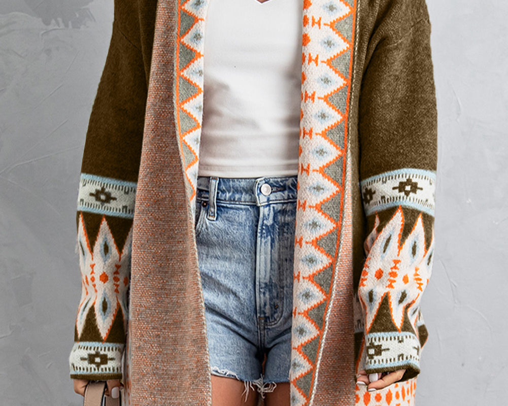 Geometric Open Front Long Sleeve Cardigan - NEWYORKLISTED