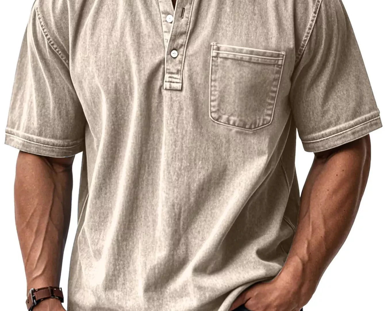 NEWYORKLISTED ATLAS MEN'S COLLECTION: Man wearing a beige short-sleeve shirt with a pocket on a white background