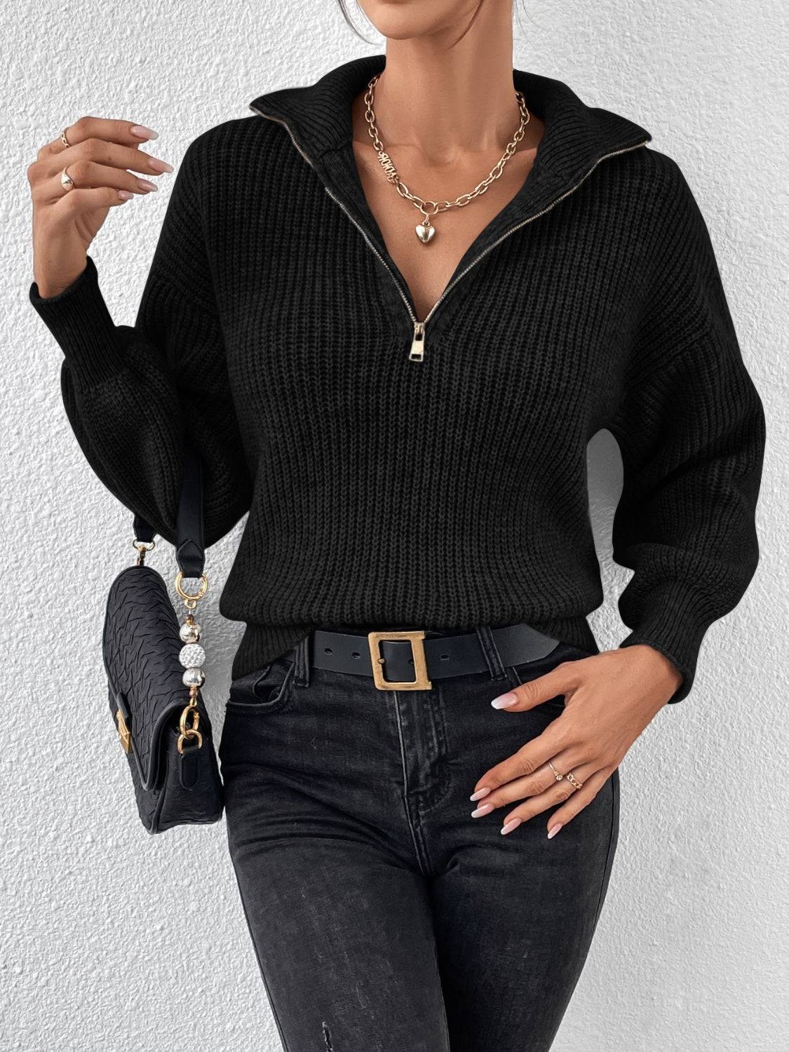 Honey Half Zip Dropped Shoulder Sweater - NEWYORKLISTED