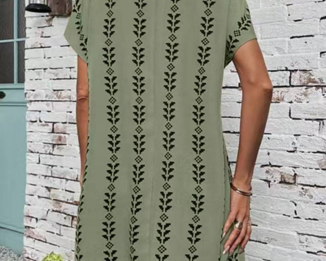 NYLD Wheat Motif Printed Round Neck Short Sleeve Dress - NEWYORKLISTED