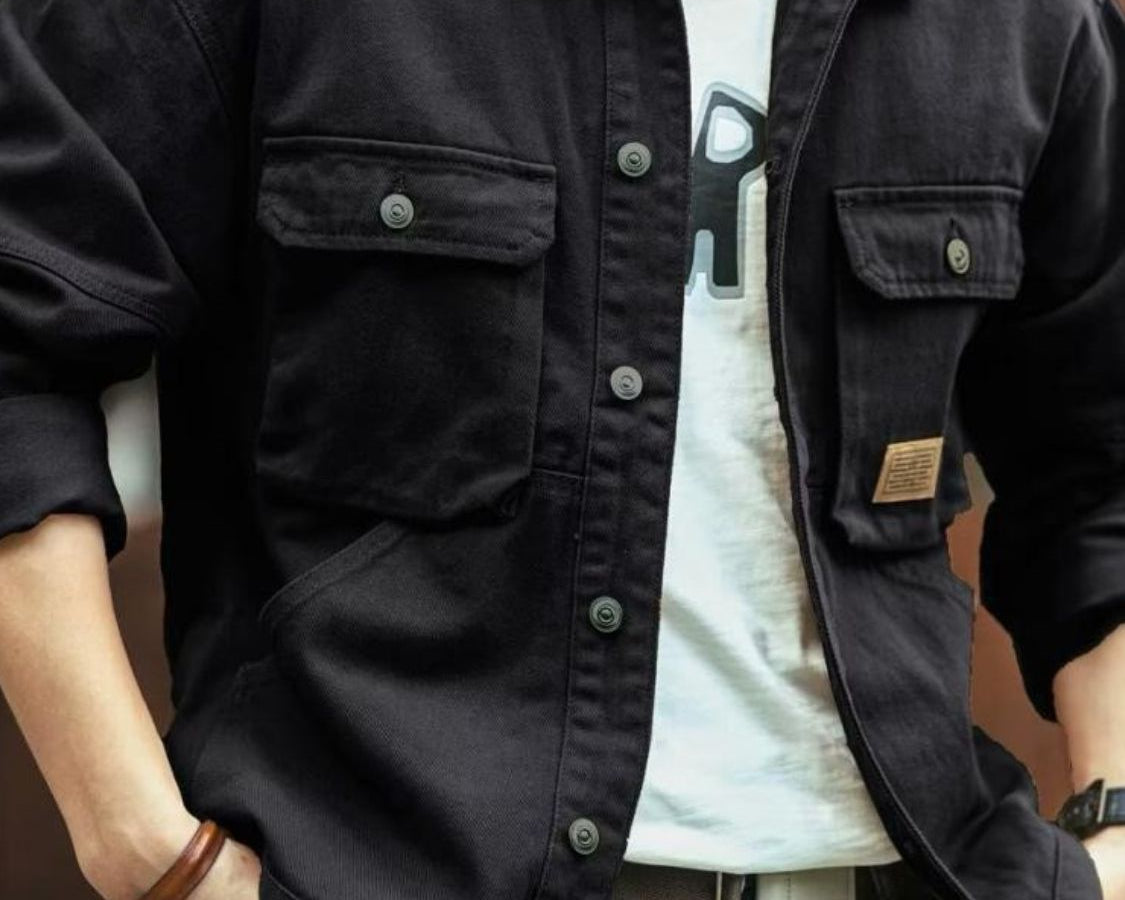 NEWYORKLISTED ATLAS MEN'S COLLECTION: Men's Washed Collared Neck Cargo Jacket in Black