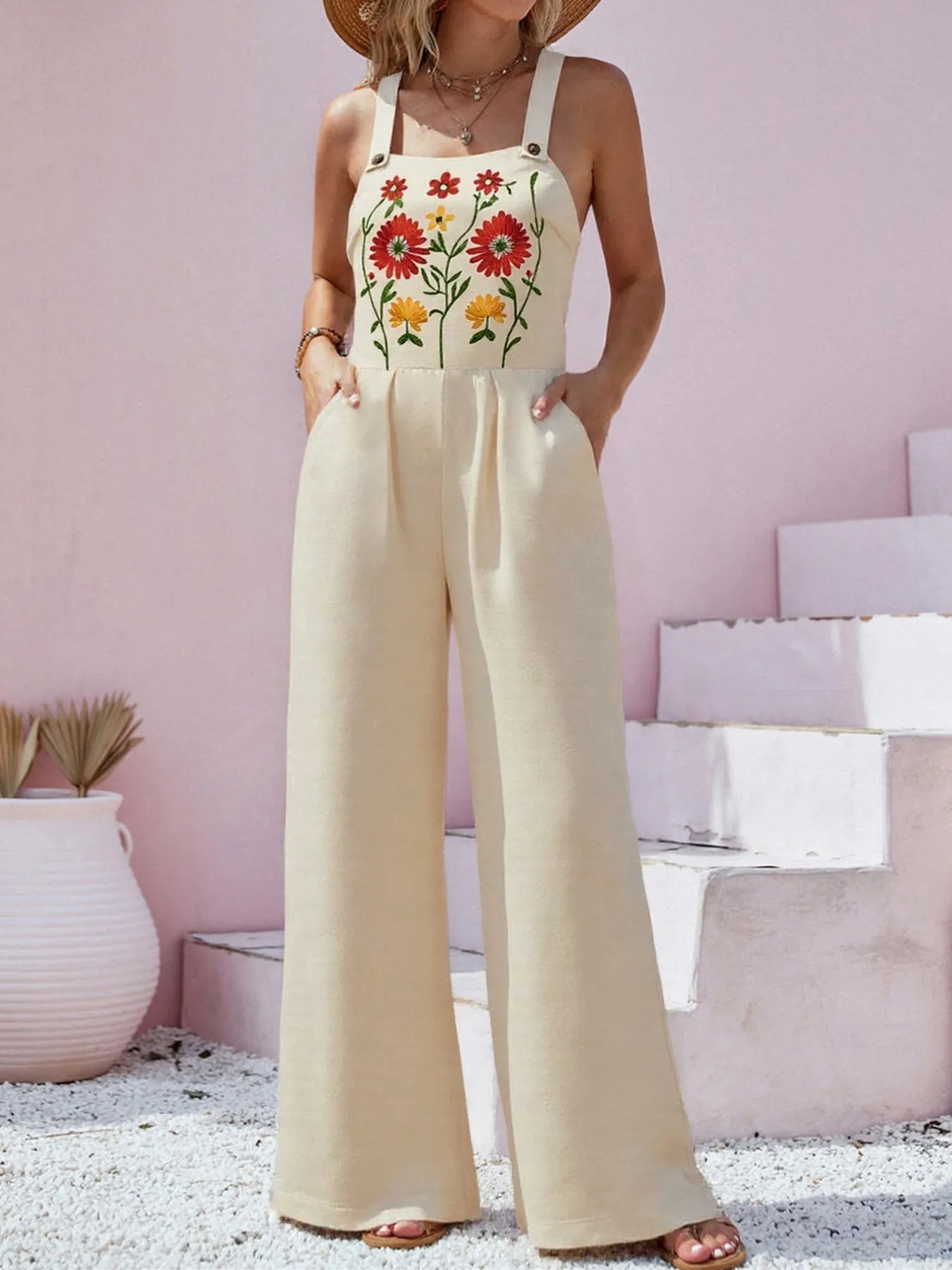 NEWYORKLISTED STYLE COLLECTION: Floral Embroidered Wide Leg Jumpsuit – Modern Elegance Meets Boho Charm in Tan