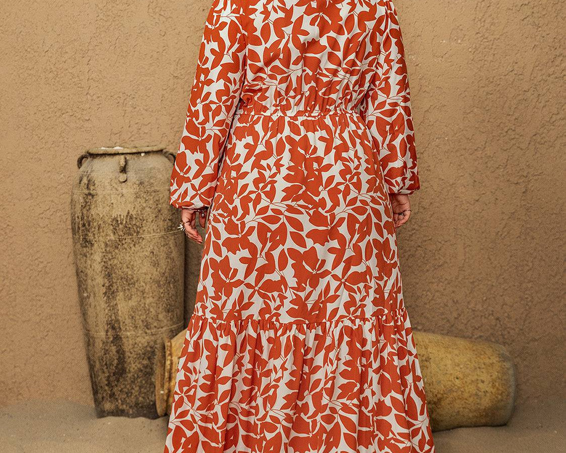 Plus Size Printed Notched Long Sleeve Maxi Dress - NEWYORKLISTED