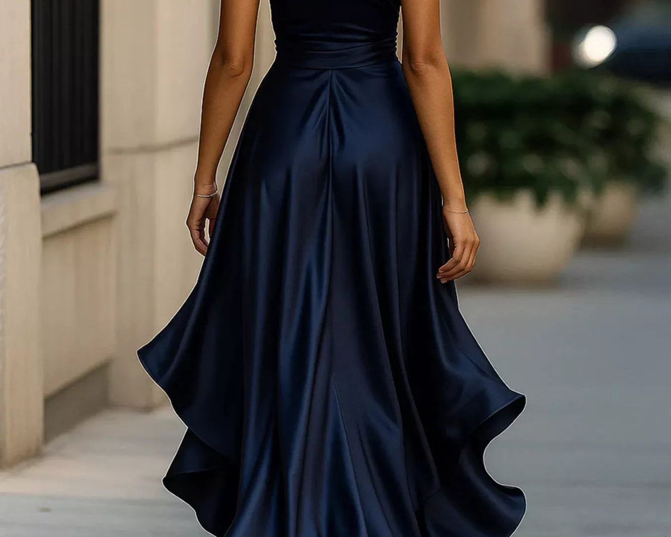 NEWYORKLISTED STYLE COLLECTION: Woman wearing a navy blue evening gown on a city street.