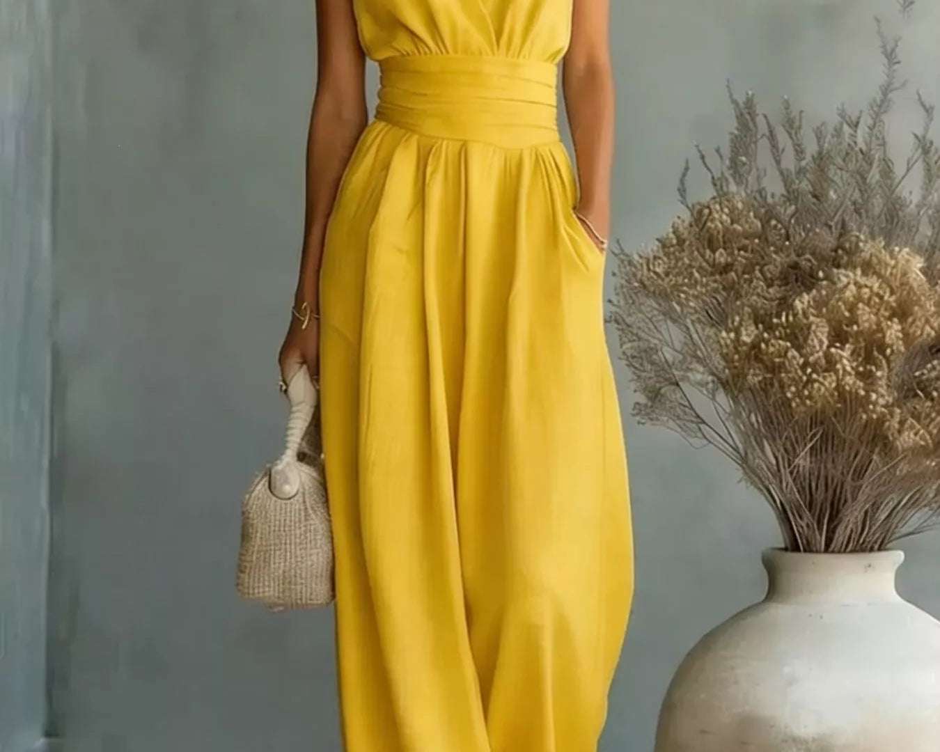 NEWYORKLISTED STYLE COLLECTION: Woman wearing a yellow jumpsuit standing next to a vase with dried plants against a gray wall.