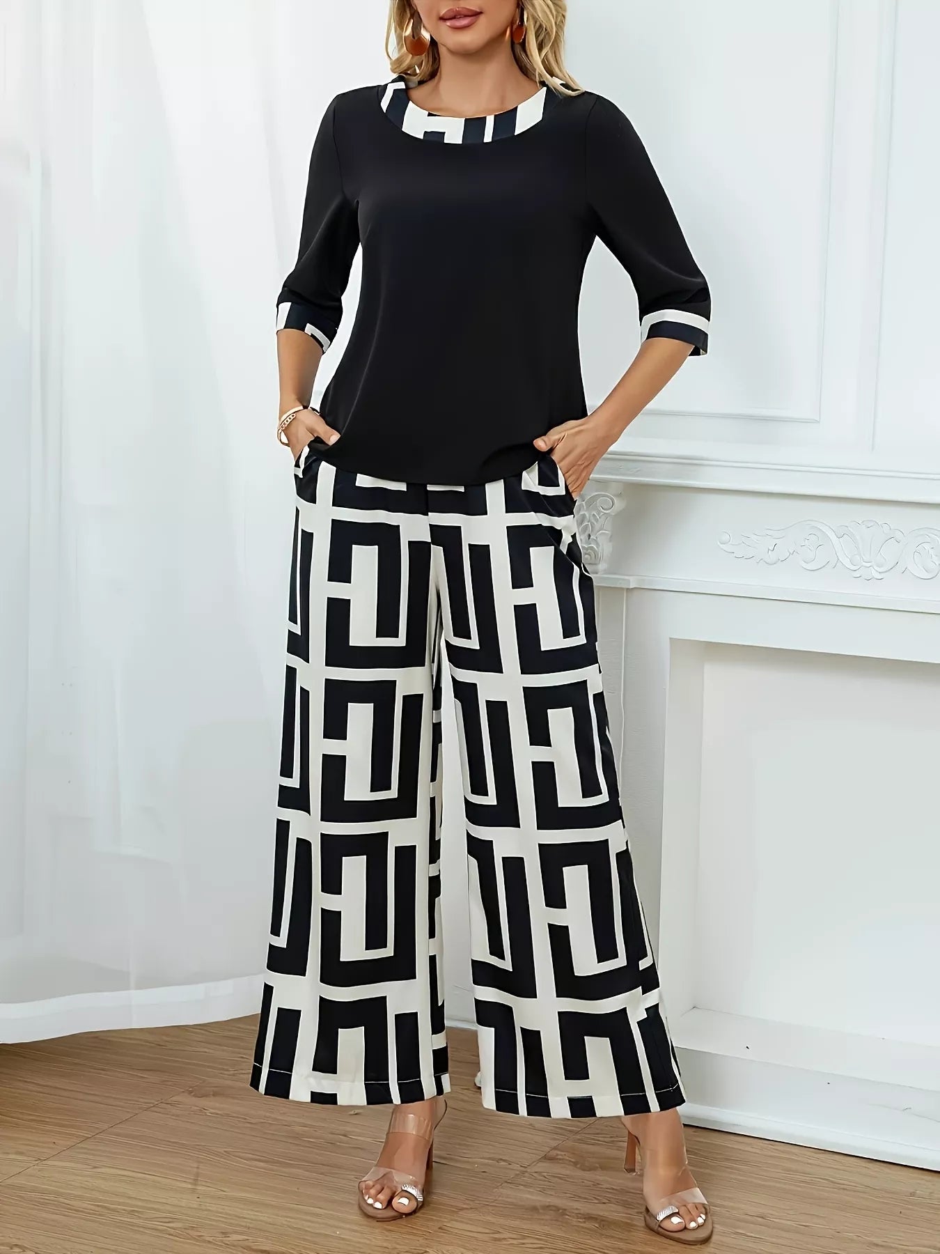 NEWYORKLISTED STYLE COLLECTION Round Neck Top and Wide Leg Pants Set – two-piece pocketed outfit with relaxed wide leg pants