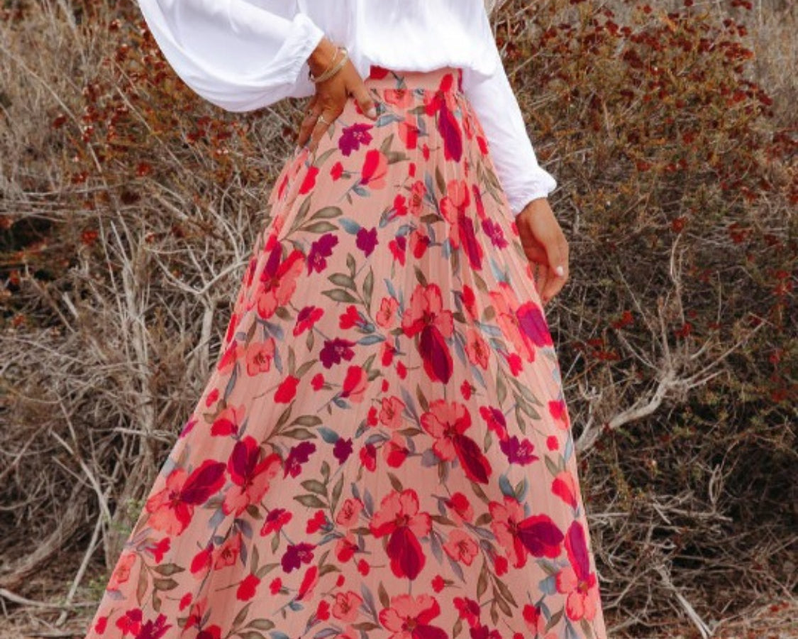 Printed Elastic Waist Pleated Maxi Skirt - NEWYORKLISTED