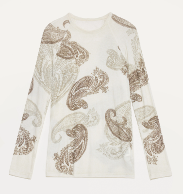 White long-sleeve shirt with brown paisley pattern on a white background