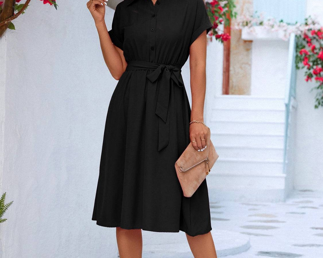 NYLD Buttoned Tie Waist Short Sleeve Dress - NEWYORKLISTED