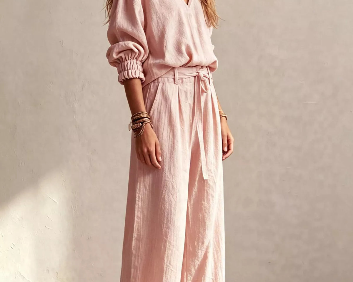 NEWYORKLISTED STYLE COLLECTION: A woman wearing a light pink linen-blend jumpsuit with a V-neck, gathered elbow-length sleeves, and a tie waist, standing against a textured beige wall.