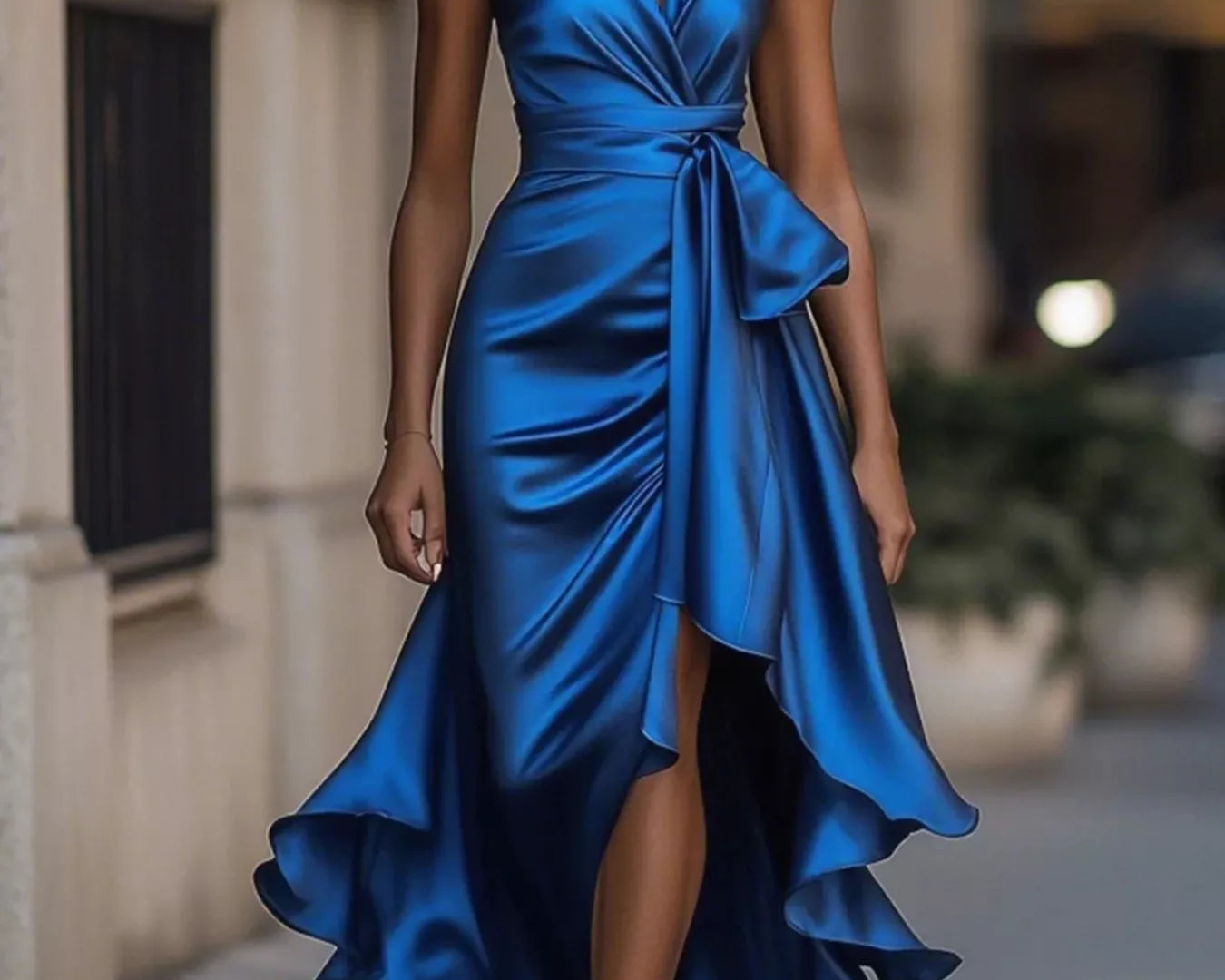 NEWYORKLISTED STYLE COLLECTION: Woman wearing a blue satin dress on a city street.