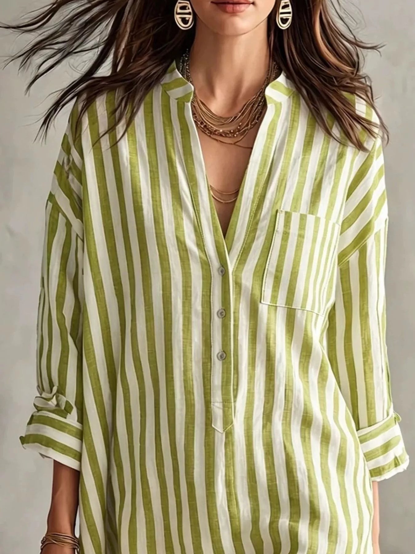 NEWYORKLISTED STYLE COLLECTION: A woman wearing a light green and white vertically striped button-up shirt with a chest pocket, styled with layered gold necklaces and earrings.