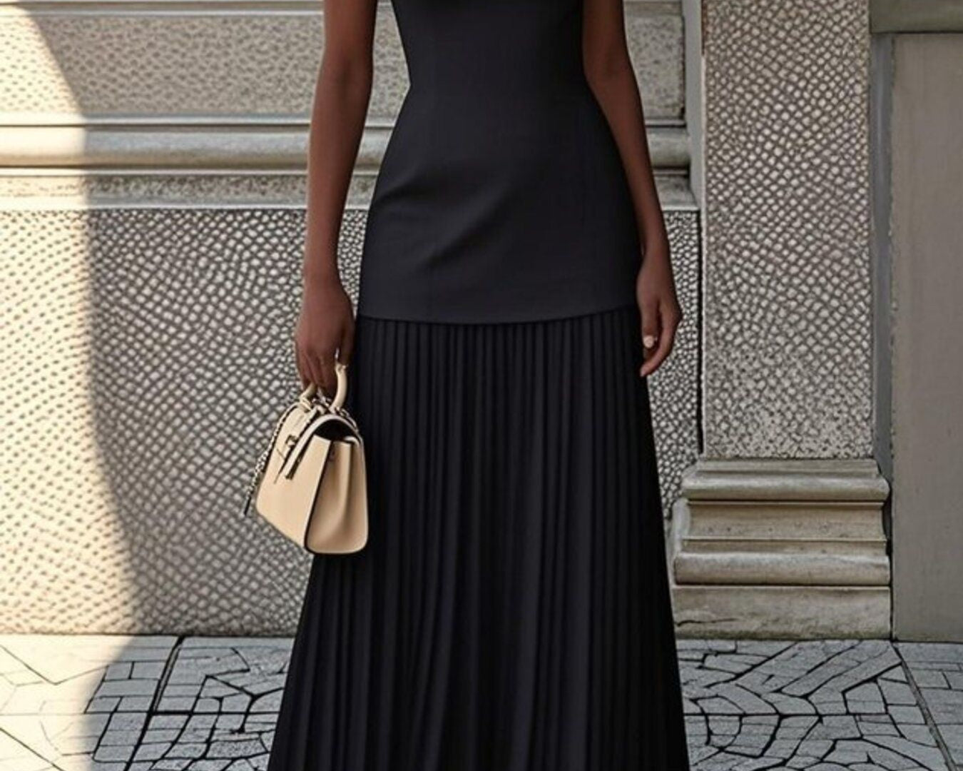 NEWYORKLISTED STYLE COLLECTION: Woman wearing a black dress holding a beige handbag against a textured wall.