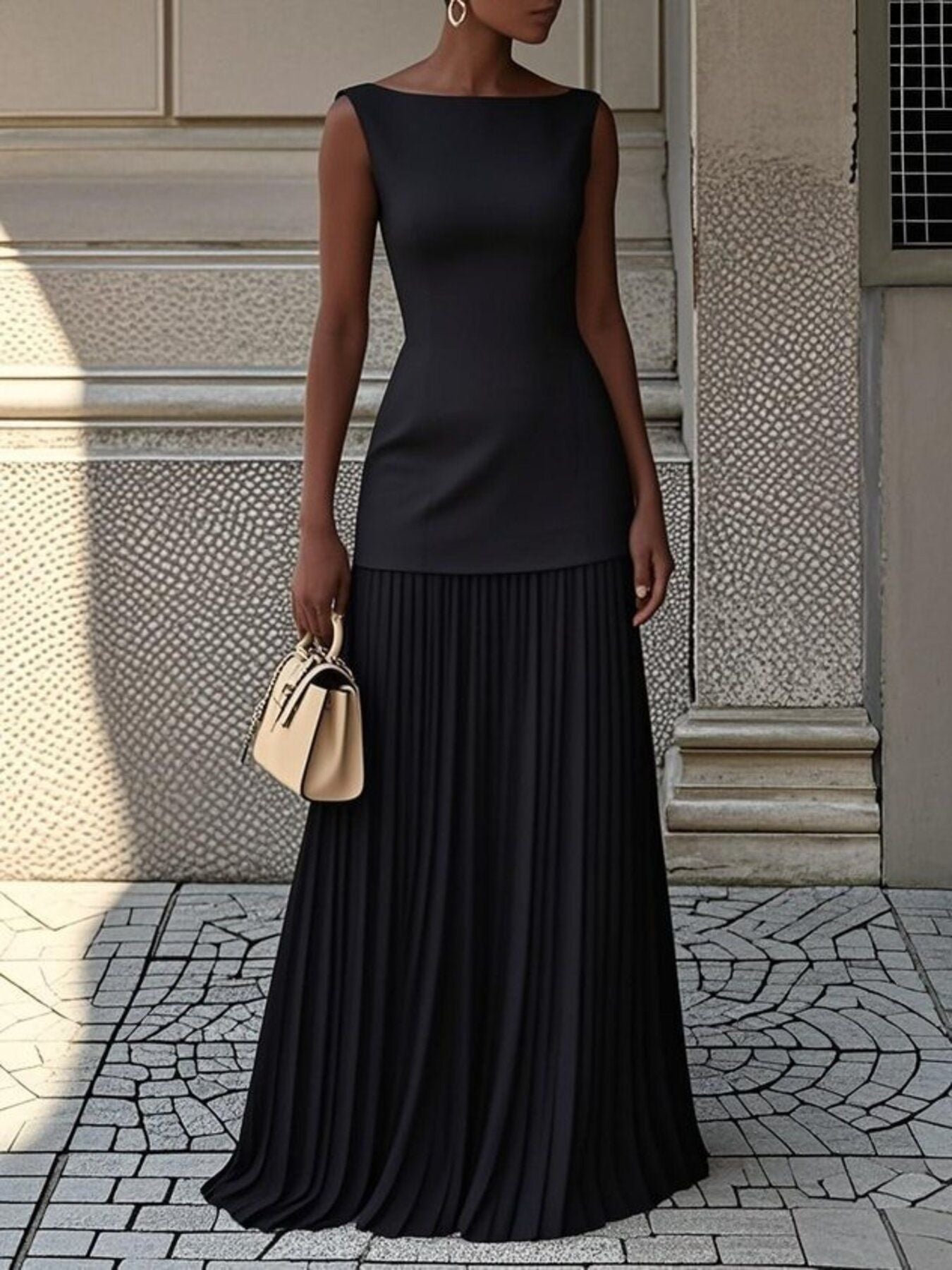 NEWYORKLISTED STYLE COLLECTION: Woman wearing a black dress holding a beige handbag against a textured wall.