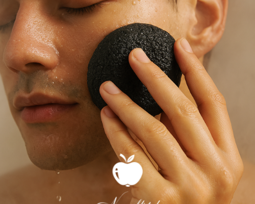 NEWYORKLISTED COSMETIC COLLECTION: Natural Konjac Sponge, person using a black exfoliating sponge on their face in the hower with the 'Neryoklisted' logo.