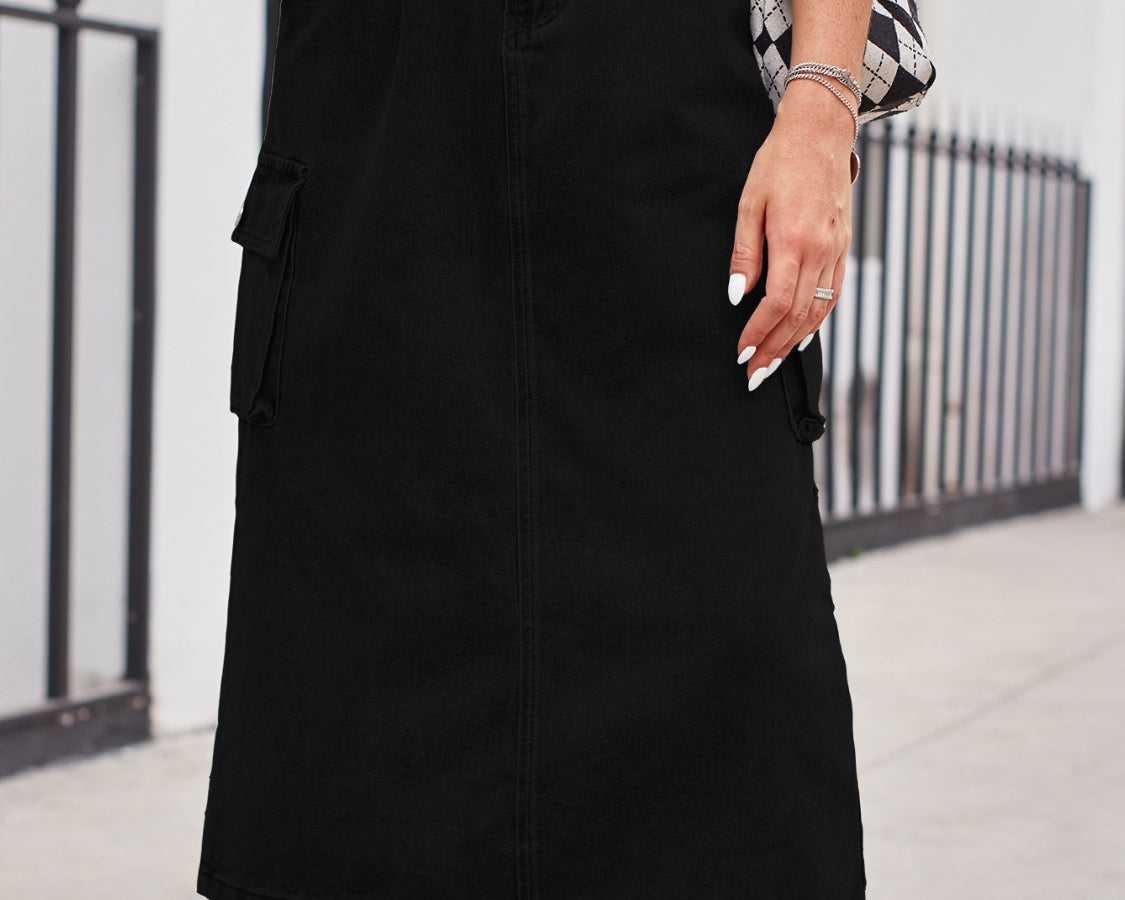 Slit Buttoned Denim Skirt with Pockets - NEWYORKLISTED