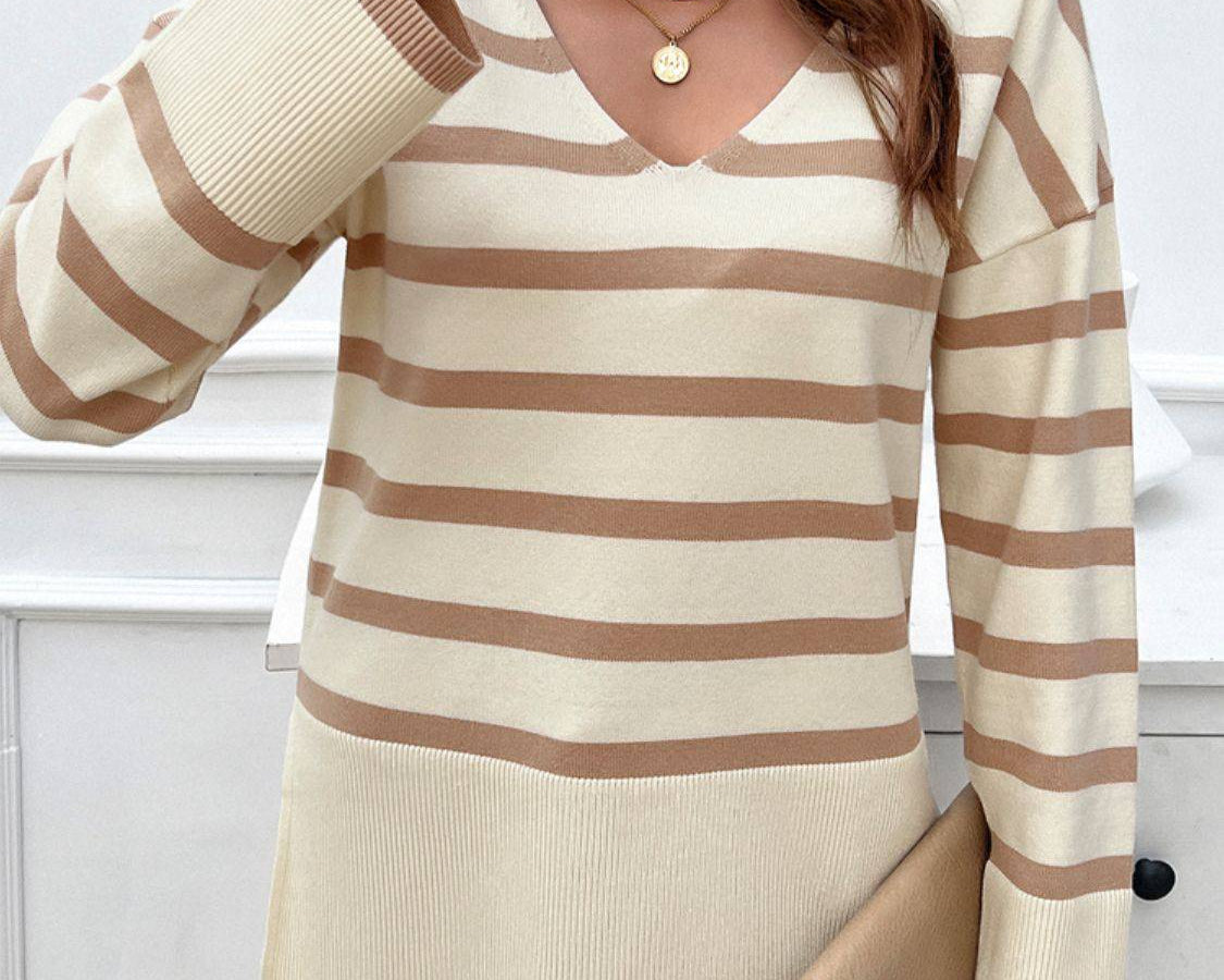 NYLD Striped V-Neck Long Sleeve Knit Top - NEWYORKLISTED