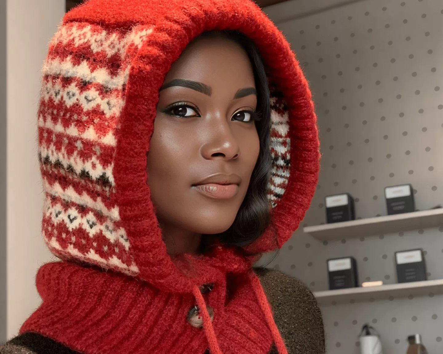 NEWYORKLISTED STYLE COLLECTION: Drawstring Knitted Winter Hat – Cozy, Chic & Cold-Weather Ready: Person wearing a red knitted hood with a patterned interior in a store setting