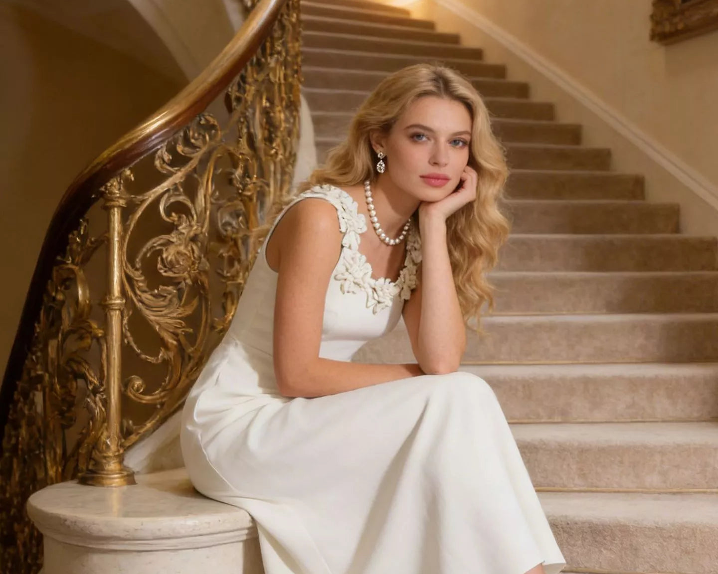 NEWYORKLISTED STYLE COLLECTION: Woman in a white dress sitting on a staircase with ornate railings.