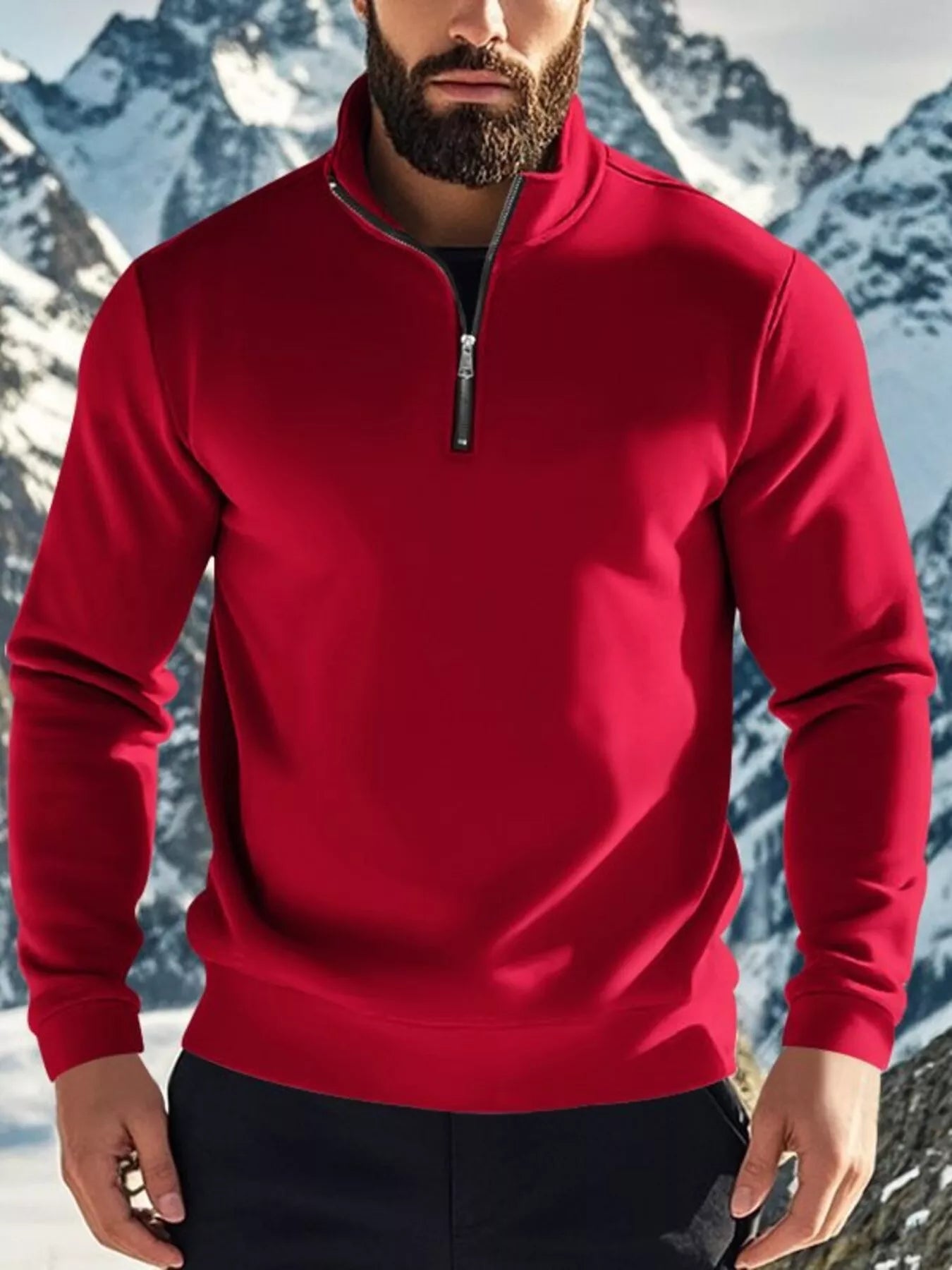 NEWYORKLISTED ATLAS MEN'S COLLECTION: Man wearing a red pullover with a mountainous background