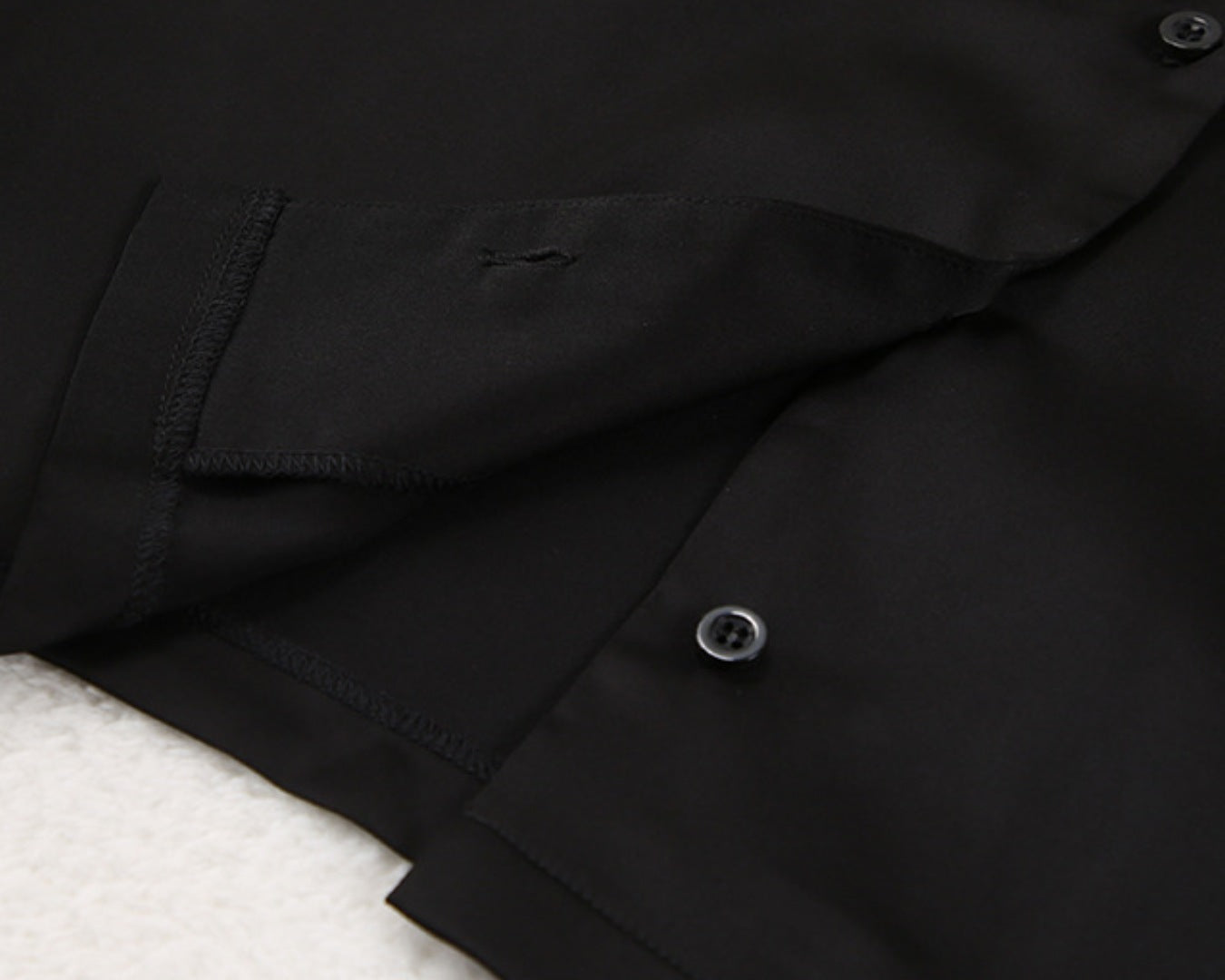 NEWYORKLISTED Intimate Apparel Collection: Close-up of a black jacket with a button on a white background