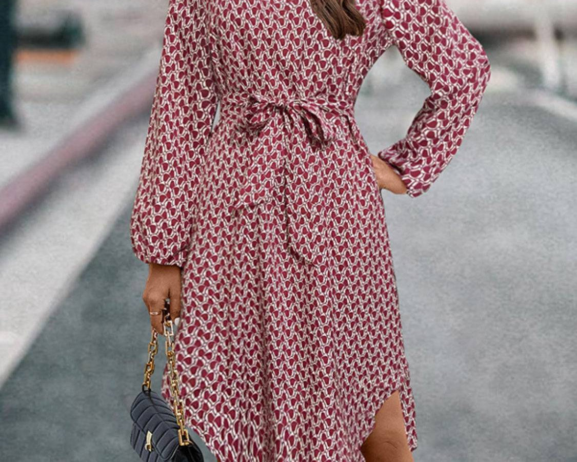 Tied Printed Notched Balloon Sleeve Dress - NEWYORKLISTED