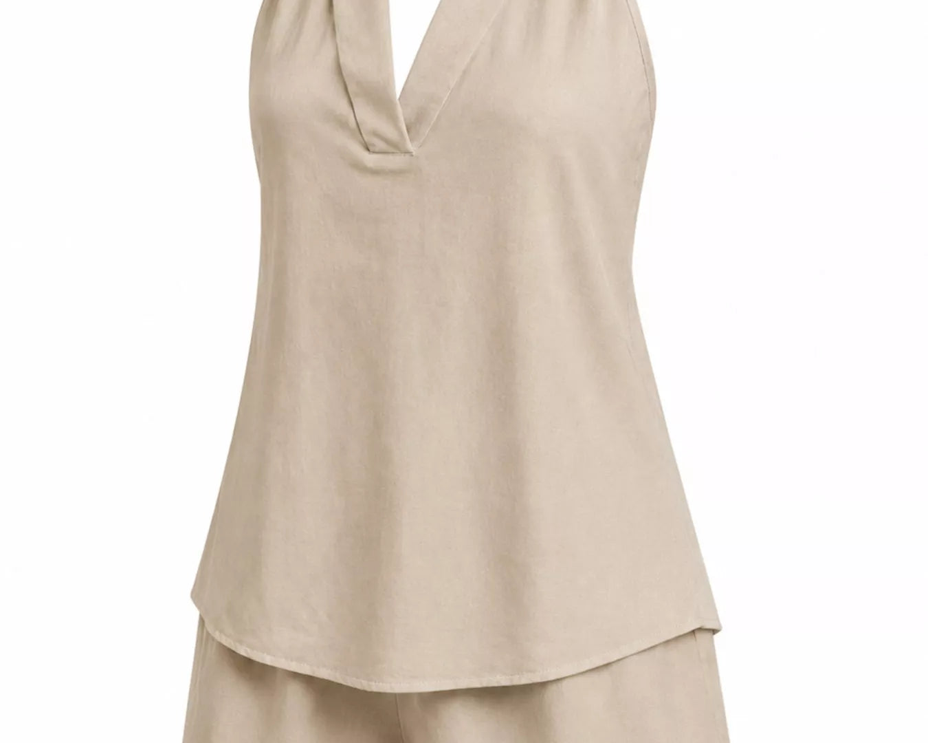 NEWYORKLISTED STYLE COLLECTION: Beige sleeveless top and shorts set on a white background