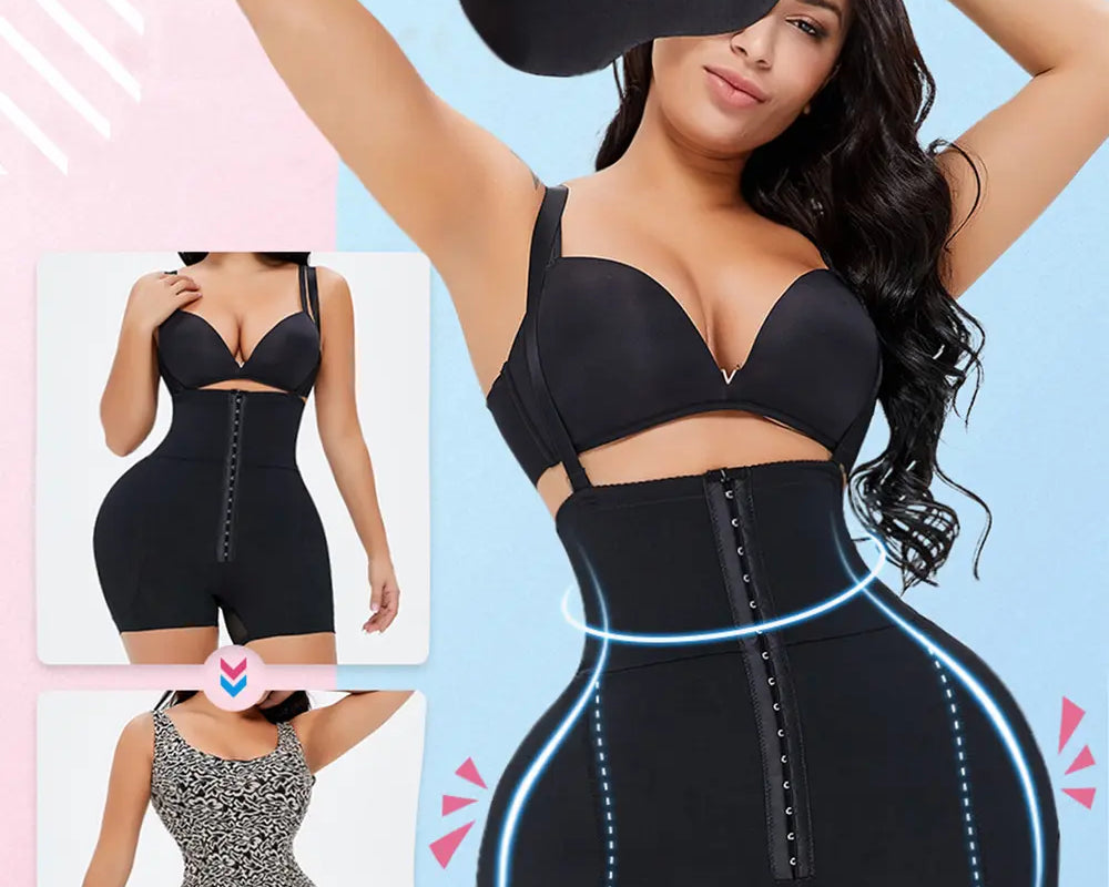 NEWYORKLISTED Intimate Apparel: Woman wearing a black shapewear bodysuit with inset images on a light blue background