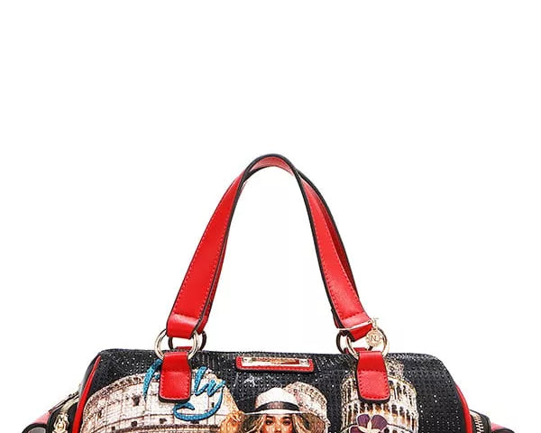 NEWYORKLISTED STYLE COLLECTION: Handbag with a design of a woman in a hat and dress, standing in front of a famous landmark, on a white background.
