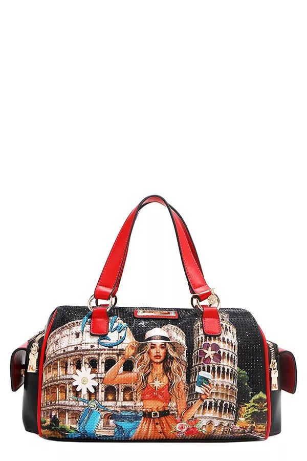 NEWYORKLISTED STYLE COLLECTION: Handbag with a design of a woman in a hat and dress, standing in front of a famous landmark, on a white background.