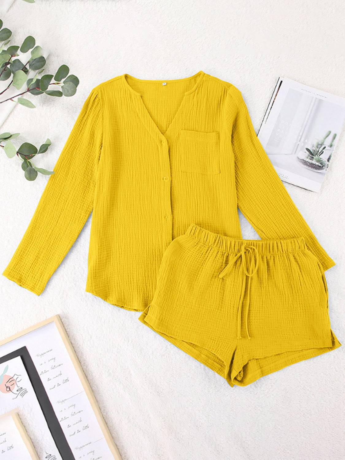 NYLD: Notched Long Sleeve Top and Shorts Set - NEWYORKLISTED