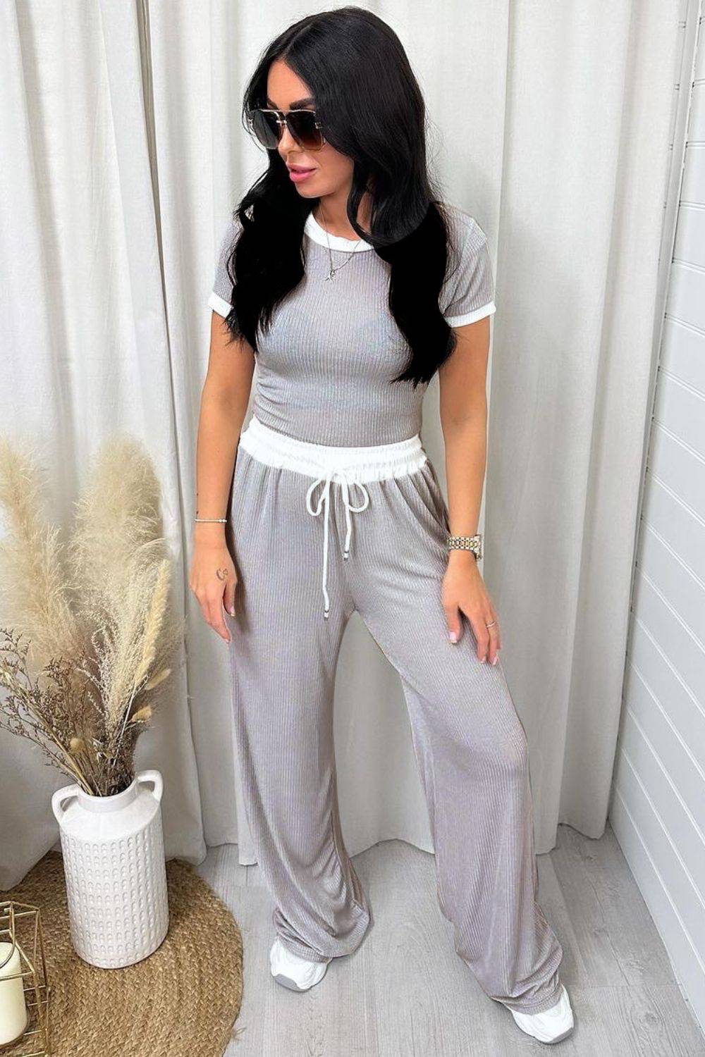 NYLD: Contrast Trim Round Neck Top and Pants Set - NEWYORKLISTED