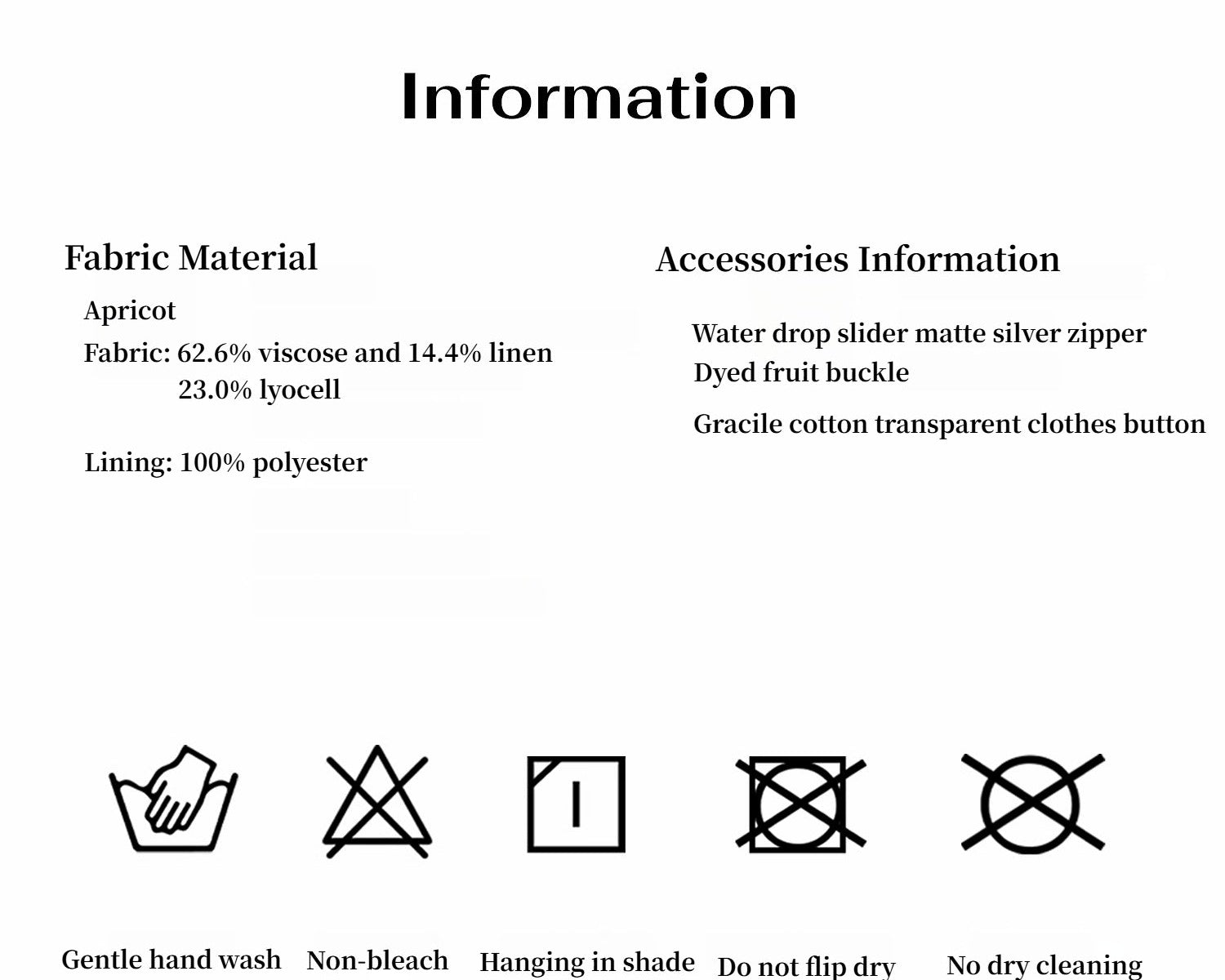 Textual information sheet with fabric material details and accessories information on a white background.