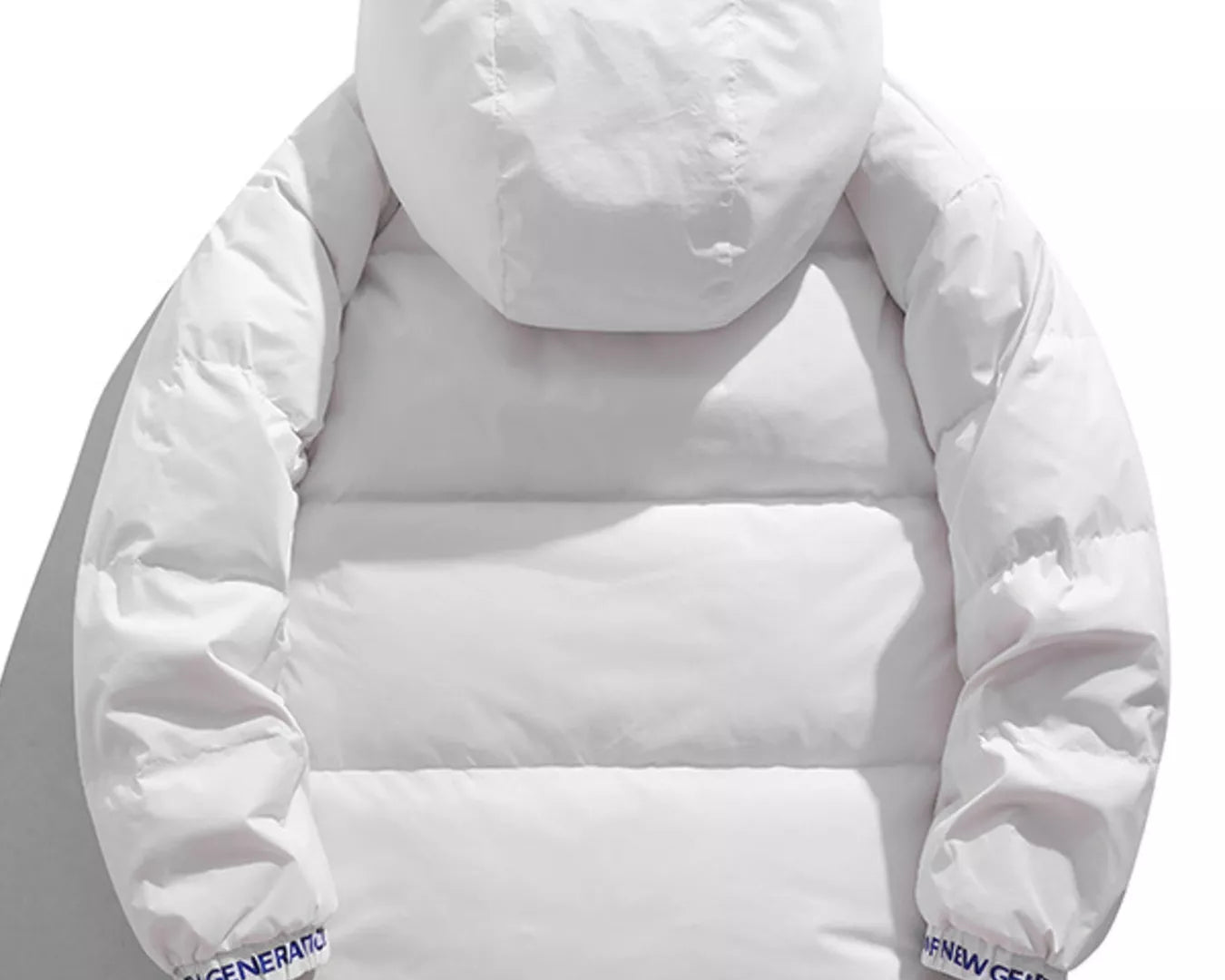 NEWYORKLISTED ATLAS MEN’S COLLECTION: White puffer jacket with brand logos on a white background