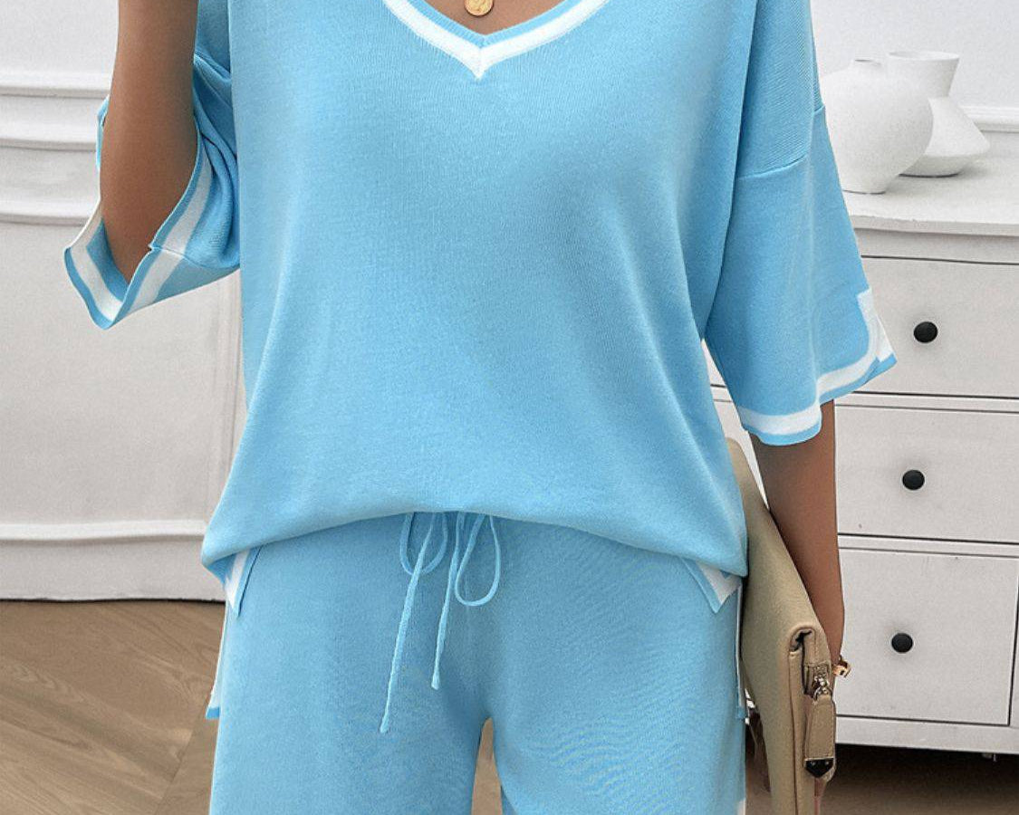 NYLD: Contrast Trim V-Neck Top and Shorts Set - NEWYORKLISTED