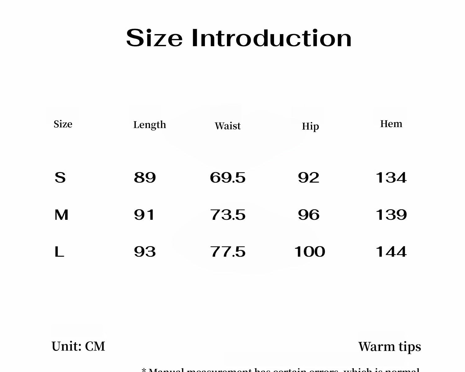 Size chart with measurements in centimeters for clothing items.