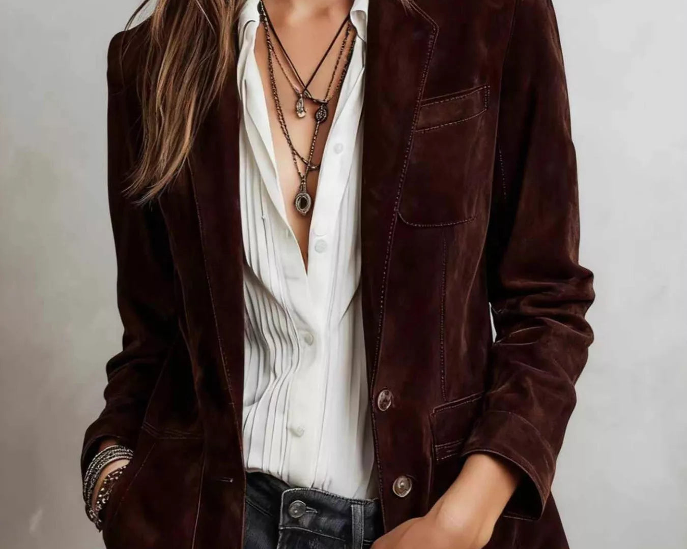 NEWYORKLISTED STYLE COLLECTION: Person wearing a brown blazer over a white shirt with a neutral background