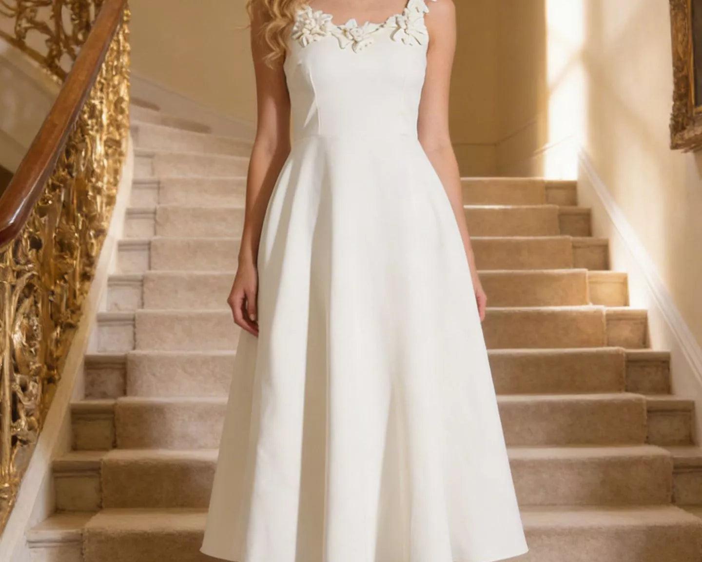 NEWYORKLISTED STYLE COLLECTION: Woman in a white dress standing on a staircase in an elegant interior setting